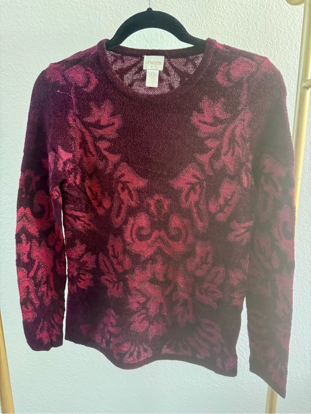 Chico's Women's Burgundy Floral Crewneck Sweater